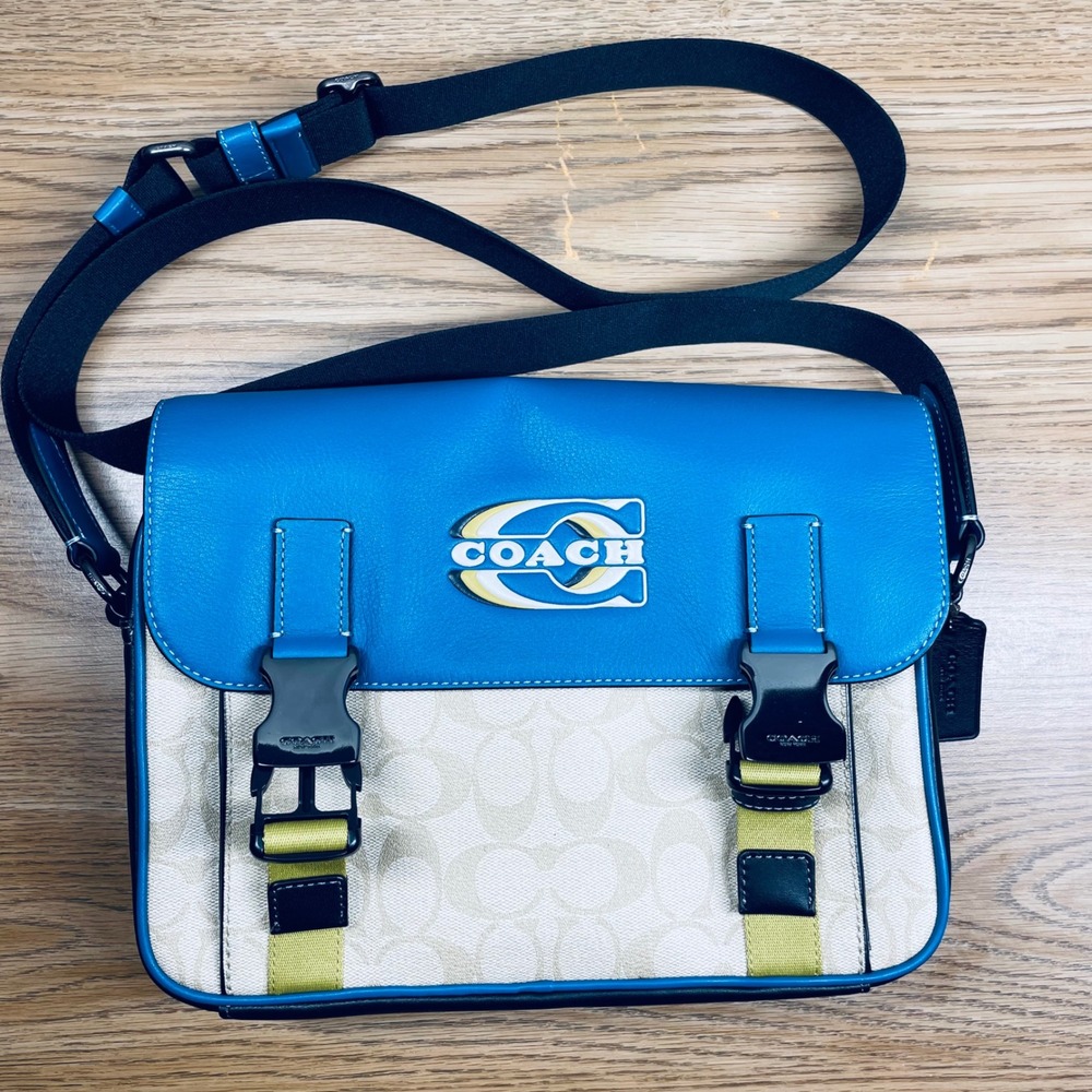 Coach Men Messenger Bag Signature Canvas Blue Leather Medium‎ CH118 Sporty Bag